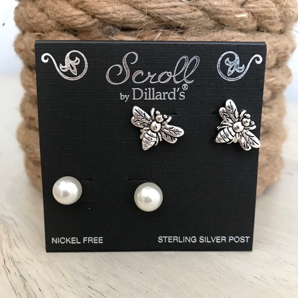 Scroll Faux Pearl Stud and Silver Bee Earrings - Picture 3 of 4